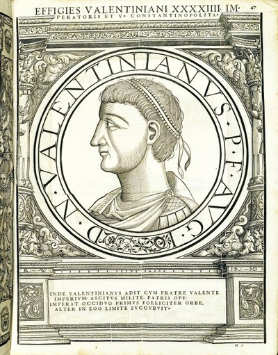 Valentinianus, illustration from Imperatorum Romanorum Omnium Orientalium et Occidentalium Verissimae Imagines ex Antiquis Numismatis by Hans Rudolf Manuel Deutsch